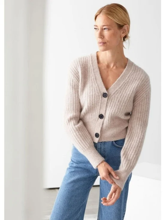 & Other Stories Cropped Alpaca Blend Ribbed Cardigan, Size XS - Picture 2 of 6